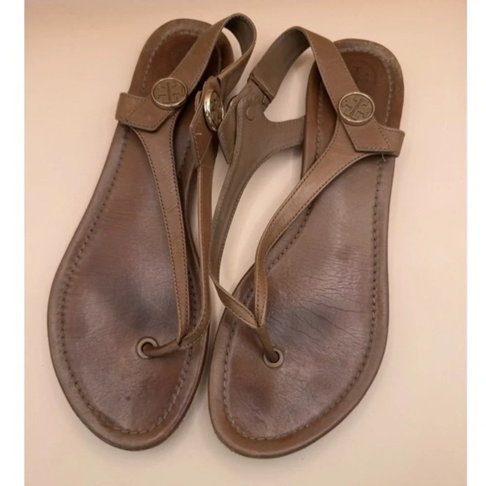 Tory‎ Burch Emmy Tan Leather Flat Thong Slingback Sandals Logo Medallion 9.5M
